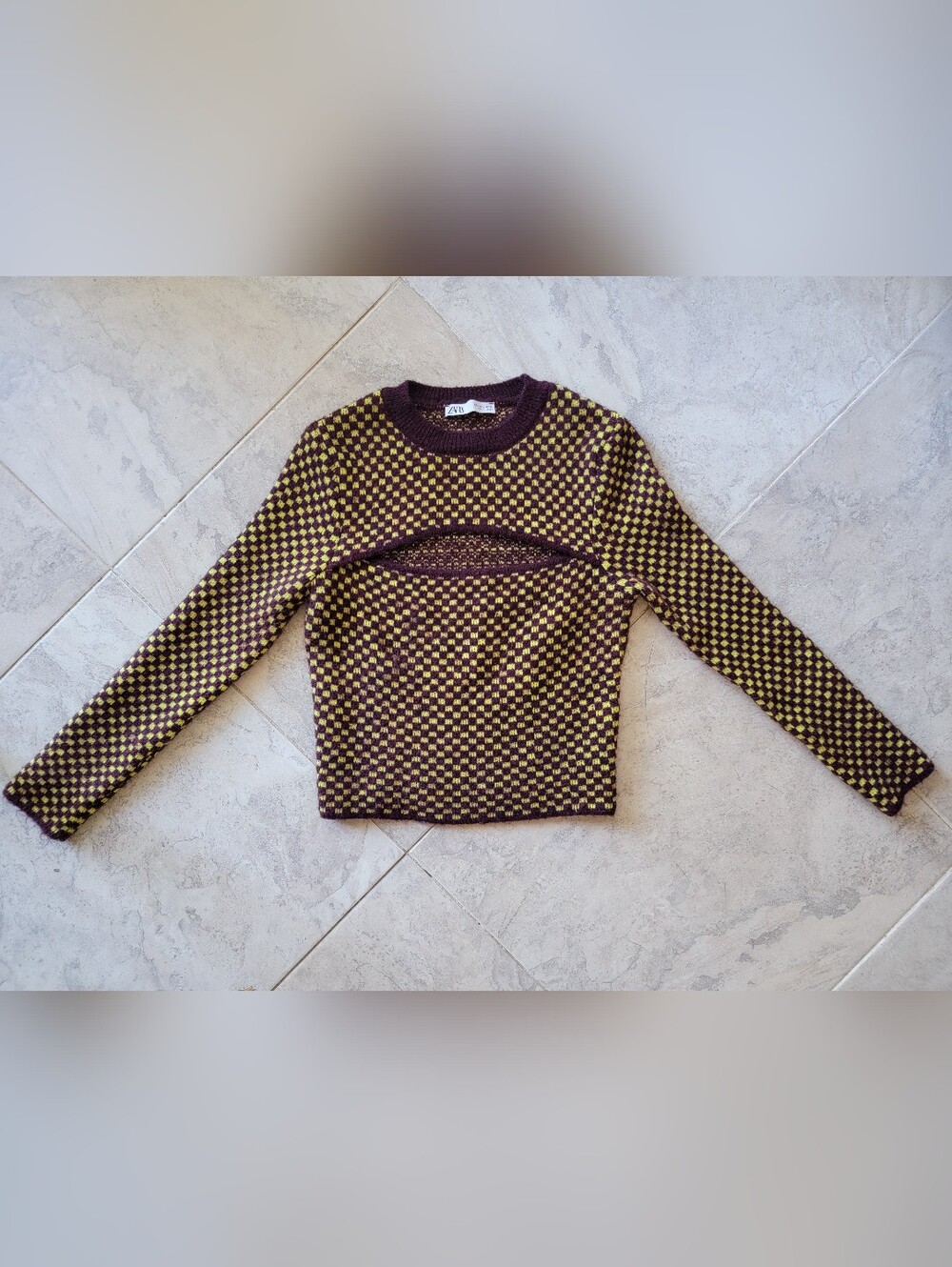 ZARA Burgandy and Lime Check Knit Sweater With Peek-a Boo Slit